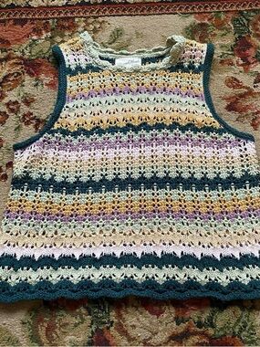 Universal Thread green/purple/tan stripe crochet vest